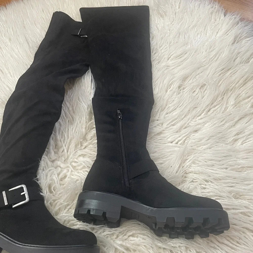 NWT Nine West Nans Over The Knee Boots Black Lug Sole Buckle Size 6.5 Black‎